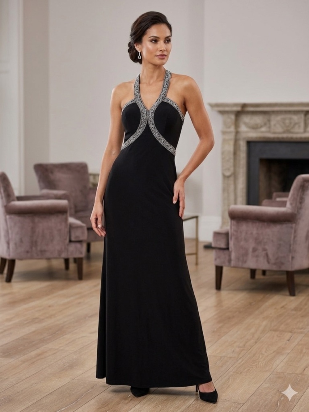 Xtreme by Impression Black Halter Gown Beaded Silver Trim Maxi Dress Size 2